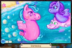 Size: 932x623 | Tagged: safe, artist:sharkledog, imported from derpibooru, oc, oc only, pony, sea pony, beach, duo, floaty, g1, water