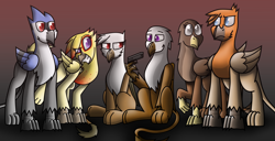 Size: 1952x1000 | Tagged: safe, artist:somber, imported from derpibooru, oc, oc only, oc:amalia silverwing, oc:carmelita galeforce, oc:isaac, oc:kasimir longtalons, oc:leigh, oc:serge swiftwing, griffon, fallout equestria: longtalons, female, group, group photo, male