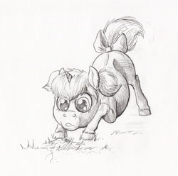 Size: 2000x1986 | Tagged: safe, artist:lady-limule, imported from derpibooru, oc, oc only, oc:windy sky, pony, unicorn, bow, female, filly, grayscale, horn, inktober 2017, looking down, monochrome, solo, tail bow, traditional art, unicorn oc