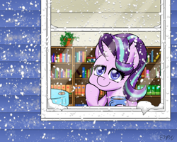 Size: 1000x800 | Tagged: safe, artist:empyu, imported from derpibooru, starlight glimmer, pony, unicorn, book, bookshelf, chocolate, colored pupils, female, food, hot chocolate, mare, snow, snowfall, solo, window, winter