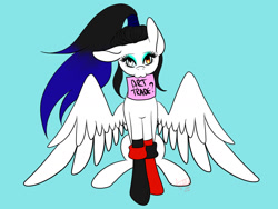 Size: 1600x1200 | Tagged: safe, artist:minelvi, imported from derpibooru, oc, oc only, pegasus, pony, blue background, clothes, eyelashes, heterochromia, mouth hold, pegasus oc, sign, simple background, socks, solo, spread wings, wings
