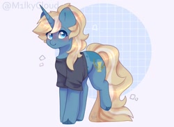 Size: 1280x939 | Tagged: safe, artist:m1lkycloud, imported from derpibooru, oc, oc only, oc:maple parapet, pony, unicorn, clothes, cloven hooves, female, looking at you, mare, shirt, simple background, solo, white background