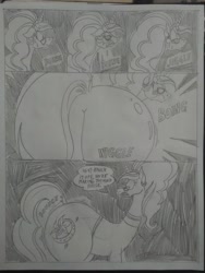 Size: 1944x2592 | Tagged: safe, artist:princebluemoon3, imported from derpibooru, oc, oc:glimmering scones, pony, unicorn, comic:the chaos within us, annoyed, black and white, boing, butt, canterlot, canterlot castle, castle, clothes, comic, commissioner:bigonionbean, cutie mark, dialogue, embarrassed, extra thicc, female, flank, frustrated, fusion, fusion:glimmering scones, fusion:moondancer, fusion:saffron masala, fusion:sweet biscuit, glasses, grayscale, hallway, horn, huddle, jiggle, jiggling, mare, monochrome, plot, talking to herself, the ass was fat, thicc ass, traditional art, trotting, writer:bigonionbean