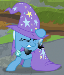 Size: 849x988 | Tagged: safe, imported from derpibooru, screencap, trixie, pony, unicorn, a horse shoe-in, cape, clothes, cropped, eyes closed, hat, trixie's cape, trixie's hat