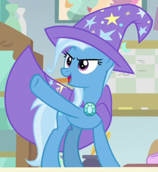 Size: 678x738 | Tagged: safe, imported from derpibooru, screencap, trixie, pony, unicorn, a horse shoe-in, brooch, cape, clothes, cropped, hat, jewelry, open mouth, trixie's brooch, trixie's cape, trixie's hat