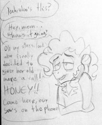 Size: 835x1024 | Tagged: dead source, safe, artist:andressuperhell, artist:smol_andriusha, imported from derpibooru, cheese sandwich, earth pony, pony, bust, clothes, dialogue, lineart, male, monochrome, phone, solo, stallion, telephone, traditional art