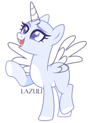 Size: 1866x2578 | Tagged: safe, artist:lazuli, artist:mint-light, imported from derpibooru, oc, oc only, alicorn, pony, alicorn oc, bald, base, colored hooves, eyelashes, horn, looking up, open mouth, raised hoof, signature, simple background, solo, transparent background, wings