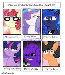 Size: 1080x1258 | Tagged: safe, artist:salinelime, imported from derpibooru, moondancer, princess flurry heart, princess luna, twilight sparkle, alicorn, pony, unicorn, six fanarts, black sclera, bust, crossover, ethereal mane, female, five nights at freddy's, glasses, grin, hair over one eye, jewelry, male, mare, peytral, ponified, purple guy, smiling, stallion, starry mane, tiara, unicorn twilight