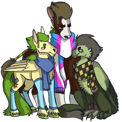 Size: 1200x1200 | Tagged: safe, artist:slimyferret, imported from derpibooru, oc, oc only, oc:miasma canker, oc:platinum forge, oc:sour scotch, clydesdale, earth pony, griffon, pegasus, derpibooru community collaboration, 2021 community collab, clothes, female, genderless, group, leg warmers, male, masculine mare, multiple characters, pride, pride flag, scarf, simple background, sitting, trans flag, trans male, transgender, transgender pride flag, transparent background, trio