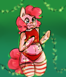 Size: 2566x3000 | Tagged: safe, artist:0blackster, artist:ranillopa, imported from derpibooru, pinkie pie, semi-anthro, bipedal, christmas, clothes, hind legs, holiday, legs together, panties, socks, solo, string lights, striped socks, thigh highs, underwear