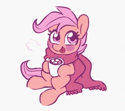 Size: 1632x1452 | Tagged: safe, artist:dawnfire, scootaloo, pegasus, pony, :p, blushing, chocolate, clothes, cute, cutealoo, female, filly, food, hot chocolate, marshmallow, mug, scarf, simple background, sitting, solo, tongue out, white background