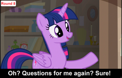 Size: 1920x1225 | Tagged: safe, imported from derpibooru, twilight sparkle, alicorn, pony, comic:celestia's servant interview, season 7, uncommon bond, antique store, caption, cs captions, female, happy, horn, interview, mare, raised hoof, solo, twilight sparkle (alicorn), wings