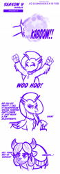 Size: 800x2293 | Tagged: safe, artist:jcosneverexisted, imported from derpibooru, silverstream, yona, hippogriff, yak, uprooted, angry, dialogue, female, paint, party cannon, season 9 doodles, simpsons did it, the joker