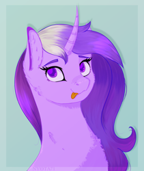 Size: 2786x3294 | Tagged: safe, artist:nyota71, imported from derpibooru, oc, oc only, oc:stardust, pony, unicorn, :p, bust, cheek fluff, chest fluff, colored pupils, commission, curved horn, ear fluff, female, fluffy, horn, long hair, mare, portrait, solo, tongue out