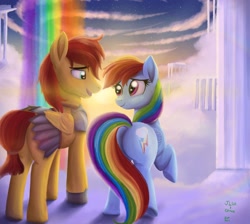 Size: 1920x1718 | Tagged: safe, artist:greenbrothersart, imported from derpibooru, flash magnus, rainbow dash, pegasus, pony, armor, butt, cloud, cute, dashabetes, dashmagnus, duo, female, looking at each other, male, mare, plot, rainbow, rainbutt dash, shipping, stallion, straight, sunset