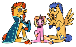 Size: 1280x800 | Tagged: safe, artist:kindheart525, imported from derpibooru, flash sentry, luster dawn, sunburst, pegasus, unicorn, auraverse, the last problem, father and child, father and daughter, female, flashburst, gay, magical gay spawn, male, offspring, shipping, simple background, spread wings, transparent background, wings