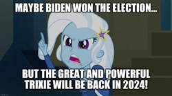 Size: 1280x714 | Tagged: safe, imported from derpibooru, trixie, equestria girls, rainbow rocks, 2024, angry, joe biden, meme, open mouth, pointing, politics, text