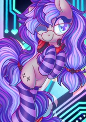 Size: 751x1063 | Tagged: safe, artist:musicfirewind, artist:wavecipher, imported from derpibooru, oc, oc only, oc:cinnabyte, earth pony, pony, adorkable, bandana, cinnabetes, clothes, commission, cute, dork, female, gamer, gaming headset, glasses, headphones, headset, heart, heart eyes, mare, meganekko, socks, solo, striped socks, wingding eyes