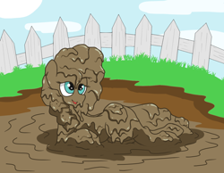 Size: 1400x1088 | Tagged: safe, artist:amateur-draw, imported from derpibooru, pear butter, earth pony, pony, covered in mud, draw me like one of your french girls, female, fence, lying down, mare, messy, mud, mud bath, muddy, pig pen, simple background, solo, sultry pose, wet and messy