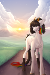 Size: 2000x3000 | Tagged: safe, artist:monogy, imported from derpibooru, earth pony, pony, cloud, female, high res, horns, mare, solo, sunrise