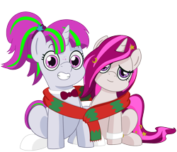 Size: 1400x1200 | Tagged: safe, artist:imposter dude, imported from derpibooru, oc, oc only, oc:zew, oc:zippi, unicorn, derpibooru community collaboration, 2021 community collab, bowtie, clothes, cute, female, filly, freckles, happy, pigtails, scarf, shared clothing, shared scarf, siblings, simple background, sisters, smiling, socks, transparent background