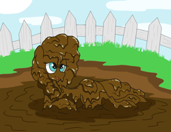 Size: 1400x1088 | Tagged: safe, alternate version, artist:amateur-draw, imported from derpibooru, pear butter, earth pony, pony, covered in mud, female, lying down, mare, mud, mud bath, muddy, pig pen, simple background, solo, wet and messy