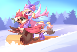 Size: 4555x3100 | Tagged: safe, artist:airiniblock, imported from derpibooru, oc, oc only, oc:bay breeze, oc:dillinger, griffon, pegasus, pony, beanie, boots, bow, clothes, commission, cute, duo, female, griffon oc, hair bow, happy, hat, rcf community, scarf, shoes, sled, sleigh, snow, tail, tail bow, toboggan, winter, winter hat