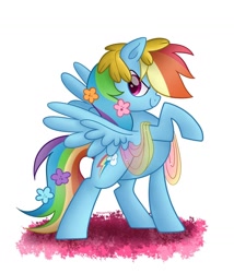 Size: 1280x1494 | Tagged: safe, artist:neondromeda, imported from derpibooru, rainbow dash, pegasus, pony, female, flower, flower in hair, mare, raised hoof, simple background, solo, white background