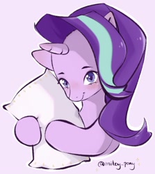 Size: 936x1049 | Tagged: safe, artist:mikey_pony, imported from derpibooru, starlight glimmer, pony, unicorn, hug, pillow, pillow hug, simple background, smiling, solo, white background