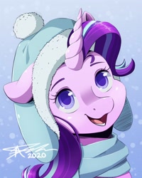 Size: 1200x1500 | Tagged: safe, artist:mindlesssketching, imported from derpibooru, starlight glimmer, pony, unicorn, clothes, colored pupils, cute, female, floppy ears, glimmerbetes, hat, mare, open mouth, scarf, smiling, solo, winter
