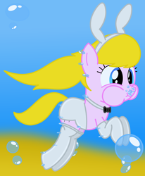 Size: 1650x2000 | Tagged: safe, artist:bladedragoon7575, imported from derpibooru, oc, oc only, oc:lola balloon, earth pony, pony, bowtie, bubble, bunny ears, bunny suit, clothes, female, holding breath, mare, puffy cheeks, solo, solo female, underwater