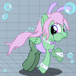 Size: 2400x2400 | Tagged: safe, artist:bladedragoon7575, imported from derpibooru, oc, oc only, oc:spectral wind, earth pony, pegasus, pony, bowtie, bubble, bunny ears, bunny suit, clothes, cuffs (clothes), female, holding breath, mare, pegasus oc, puffy cheeks, solo, solo female, swimming pool, underwater, wings