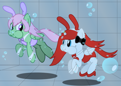 Size: 3100x2200 | Tagged: safe, artist:bladedragoon7575, imported from derpibooru, oc, oc only, oc:red diamond, oc:spectral wind, alicorn, earth pony, pegasus, pony, alicorn oc, bow, bowtie, bubble, bunny ears, bunny suit, clothes, duo, duo female, female, high heels, holding breath, horn, mare, pegasus oc, puffy cheeks, shoes, swimming pool, underwater, wings