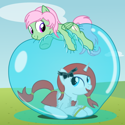 Size: 2200x2200 | Tagged: safe, artist:bladedragoon7575, imported from derpibooru, oc, oc only, oc:red diamond, oc:spectral wind, alicorn, earth pony, pegasus, pony, alicorn oc, balloon, balloon riding, balloon sitting, bondage, bow, bowtie, bubble, duo, duo female, encasement, female, horn, in bubble, mare, pegasus oc, that pony sure does love balloons, wings