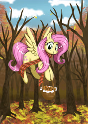 Size: 2480x3508 | Tagged: safe, artist:neoshrek, imported from derpibooru, fluttershy, pegasus, pony, autumn, basket, clothes, cute, daaaaaaaaaaaw, dawwww, female, flying, forest, hoof hold, leaves, looking at you, mare, mushroom, scarf, shyabetes, smiling, solo, spread wings, tree, wings