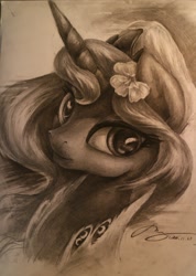 Size: 1920x2697 | Tagged: source needed, safe, artist:musical ray, imported from derpibooru, princess luna, alicorn, pony, bust, female, flower, flower in hair, moon, sketch, solo, solo female, traditional art