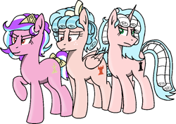 Size: 887x624 | Tagged: safe, artist:flamepony, imported from derpibooru, cozy glow, oc, oc:blue flower, oc:warm crown, earth pony, pegasus, pony, unicorn, simple background, transparent background