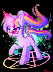 Size: 2150x2883 | Tagged: safe, artist:inaba_hitomi, imported from derpibooru, oc, pony, unicorn, glowing horn, horn, magic, magic circle, raised hoof, signature