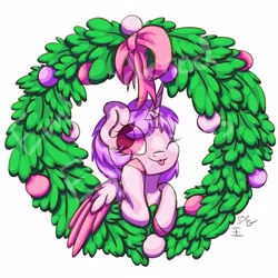 Size: 2500x2500 | Tagged: safe, artist:embroidered equations, imported from derpibooru, alicorn, pony, :p, bow, christmas, commission, cute, holiday, one eye closed, pink coat, solo, tongue out, wink, wreath, ych example, your character here