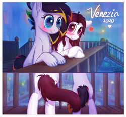 Size: 1030x950 | Tagged: safe, artist:finalaspex, imported from derpibooru, oc, oc:cipher wave, oc:finalaspex, earth pony, pony, blushing, bridge, city, couple, cute, intertwined tails, italy, night, romantic, tail, venezia, water