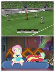 Size: 3106x4096 | Tagged: safe, edit, edited screencap, imported from derpibooru, screencap, fluttershy, sunset shimmer, equestria girls, equestria girls series, game stream, spoiler:eqg series (season 2), football, game, north korea, sports, united states