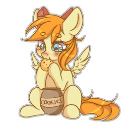 Size: 1200x1200 | Tagged: safe, artist:artistgunya, artist:gunya, imported from derpibooru, oc, oc only, oc:deliambre, pegasus, pony, bow, cookie, cookie jar, eating, food, hair bow, simple background, sitting, white background