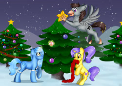 Size: 3117x2176 | Tagged: safe, artist:ali-selle, imported from derpibooru, oc, oc:glacandra, oc:luxor, oc:tulipan, classical hippogriff, hippogriff, unicorn, christmas, christmas lights, christmas tree, cute, hearth's warming eve, holiday, luxorian trio, snow, snowfall, tree, winter