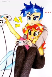 Size: 2033x3015 | Tagged: source needed, safe, artist:liaaqila, imported from derpibooru, flash sentry, sunset shimmer, equestria girls, controller, cute, female, flashimmer, happy, male, shimmerbetes, shipping, straight, traditional art, video game