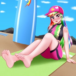 Size: 1024x1024 | Tagged: safe, artist:focusb, edit, editor:thomasfan45, imported from derpibooru, rainbow dash, human, equestria girls, annoyed, bare shoulders, barefoot, baseball cap, beach, bikini, blushing, breasts, busty rainbow dash, cap, clothes, cloud, cute, feet, hat, human coloration, legs, looking sideways, looking to side, outdoors, rock, sand, sexy, sitting, sky, smiling, solo, stupid sexy rainbow dash, surfboard, swimsuit