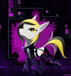 Size: 2500x2674 | Tagged: safe, artist:andaluce, imported from derpibooru, oc, oc only, oc:zealous stripes, earth pony, pony, bodysuit, clothes, cyberpunk, eyeshadow, female, futuristic, lineless, looking at you, makeup, socks, solo, stockings, suit, technology, thigh highs