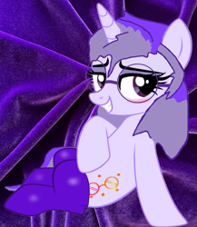 Size: 1093x1261 | Tagged: safe, artist:lazuli, artist:mellow91, artist:mint-light, imported from derpibooru, oc, oc only, oc:glass sight, pony, unicorn, adorasexy, bedroom eyes, blushing, clothes, come hither, cute, glasses, grin, knee high socks, purple background, sexy, simple background, sitting, smiling, socks, solo, sultry pose, velvet