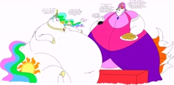 Size: 10510x5110 | Tagged: safe, artist:princebluemoon3, imported from derpibooru, princess celestia, oc, oc:princess yua priana, alicorn, anthro, fox, pony, absurd resolution, anthro oc, belly, belly button, big belly, bingo wings, butt, chocolate chip cookie, chocolate chip cookies, chubby cheeks, chubbylestia, clothes, cookie, crumbs, cup, dress, eating, fat, food, huge belly, huge butt, impossibly large belly, impossibly large butt, large butt, messy eating, morbidly obese, multiple tails, neck fat, neck roll, obese, simple background, teacup, white background