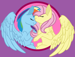 Size: 824x632 | Tagged: safe, artist:circuspaparazzi5678, imported from derpibooru, fluttershy, rainbow dash, pegasus, pony, base used, female, flutterdash, kiss on the head, lesbian, lesbian ship, multicolored hair, rainbow hair, shipping, smiling