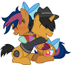 Size: 2444x2221 | Tagged: safe, artist:lightning stripe, derpibooru exclusive, imported from derpibooru, oc, oc:kaokraft, oc:solar comet, pegasus, pony, unicorn, black mane, black tail, bow, clothes, colt, commission, cute, cutie mark, disguise, disguised changedling, duo, eyelashes, eyes closed, fedora, grin, hair over one eye, happy, hat, hoodie, horn, hug, male, messy mane, orange coat, pegasus oc, short tail, show accurate, simple background, sitting, smiling, sock, tail bow, transparent background, trap, two toned mane, two toned tail, two toned wings, vector, wholesome, wings